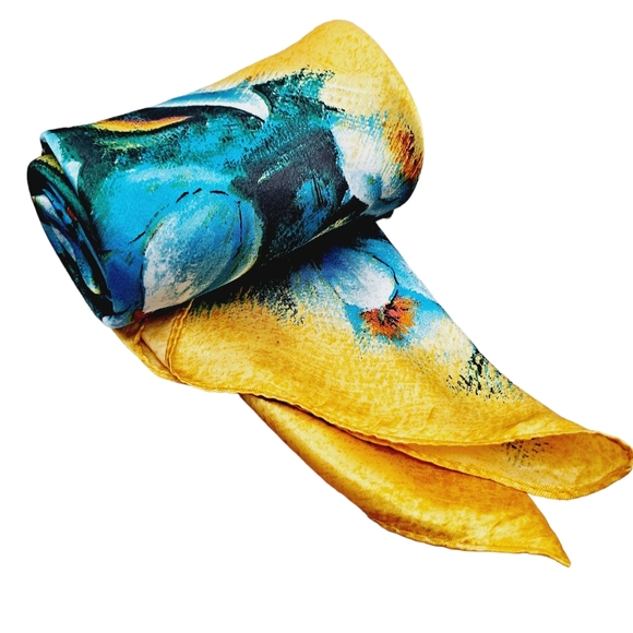 💖 2/$30 Boho blue yellow Floral square satin hair head & neck scarf - Picture 11 of 12
